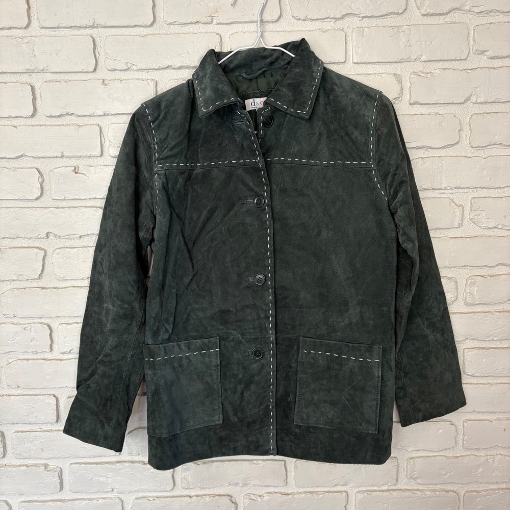 Vintage d. & co. Green Suede Leather Jacket Contrast Button Front Coat Y2k - Picture 2 of 5